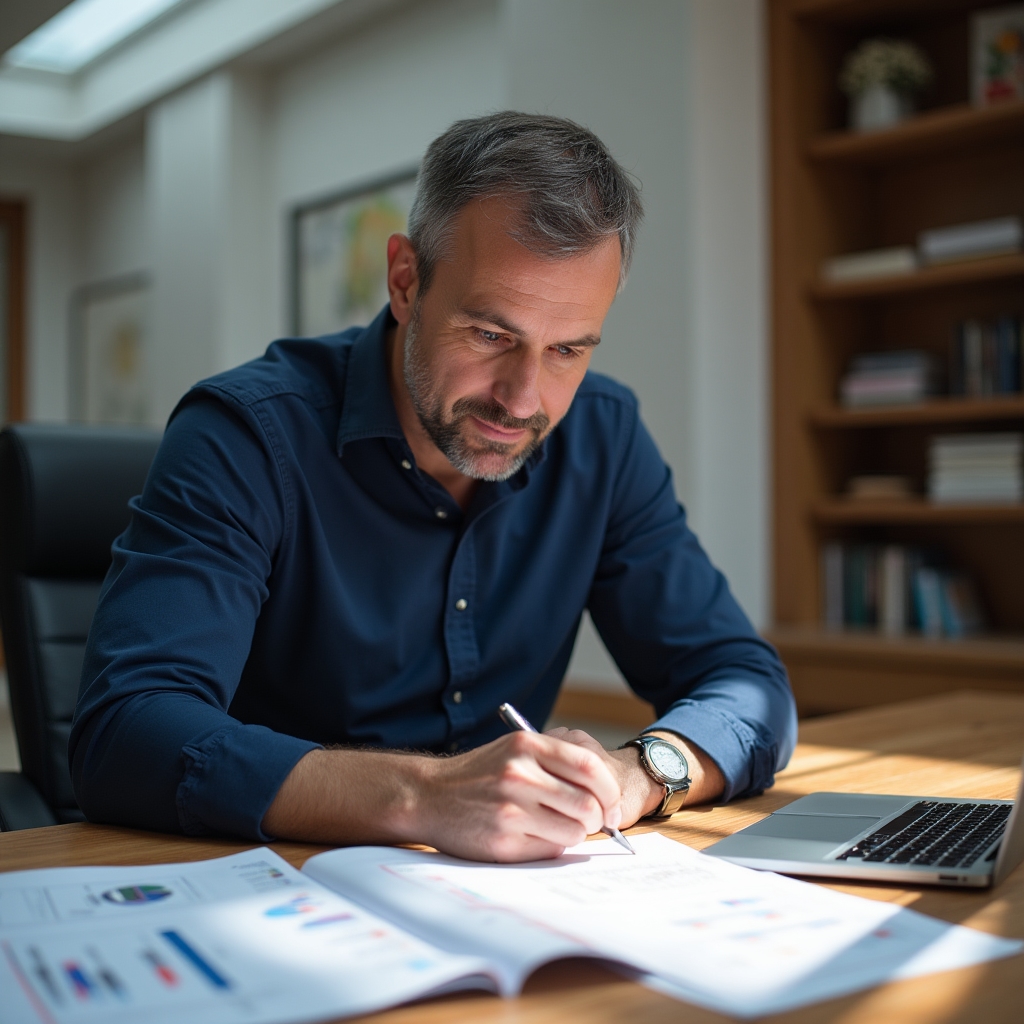 Antreprenor studiind concepte de contabilitate la birou